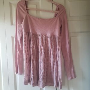 Nwot Free People Pink Lace Babydoll Long Sleeve Dress Size Large